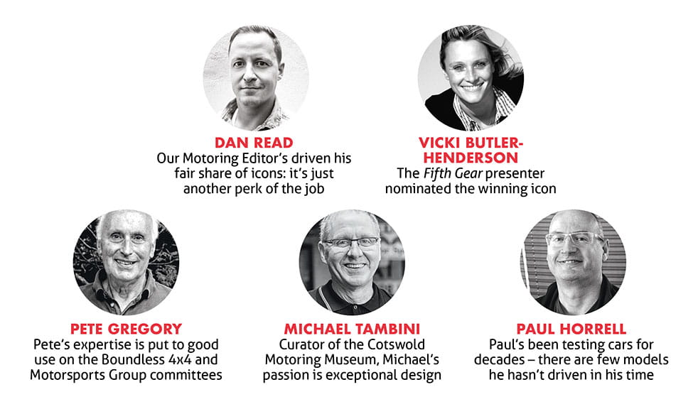 Most iconic cars judging panel: Dan Read, Vicky Butler-Henderson, Pete Gregory, Michael Tambini and Paul Horrell